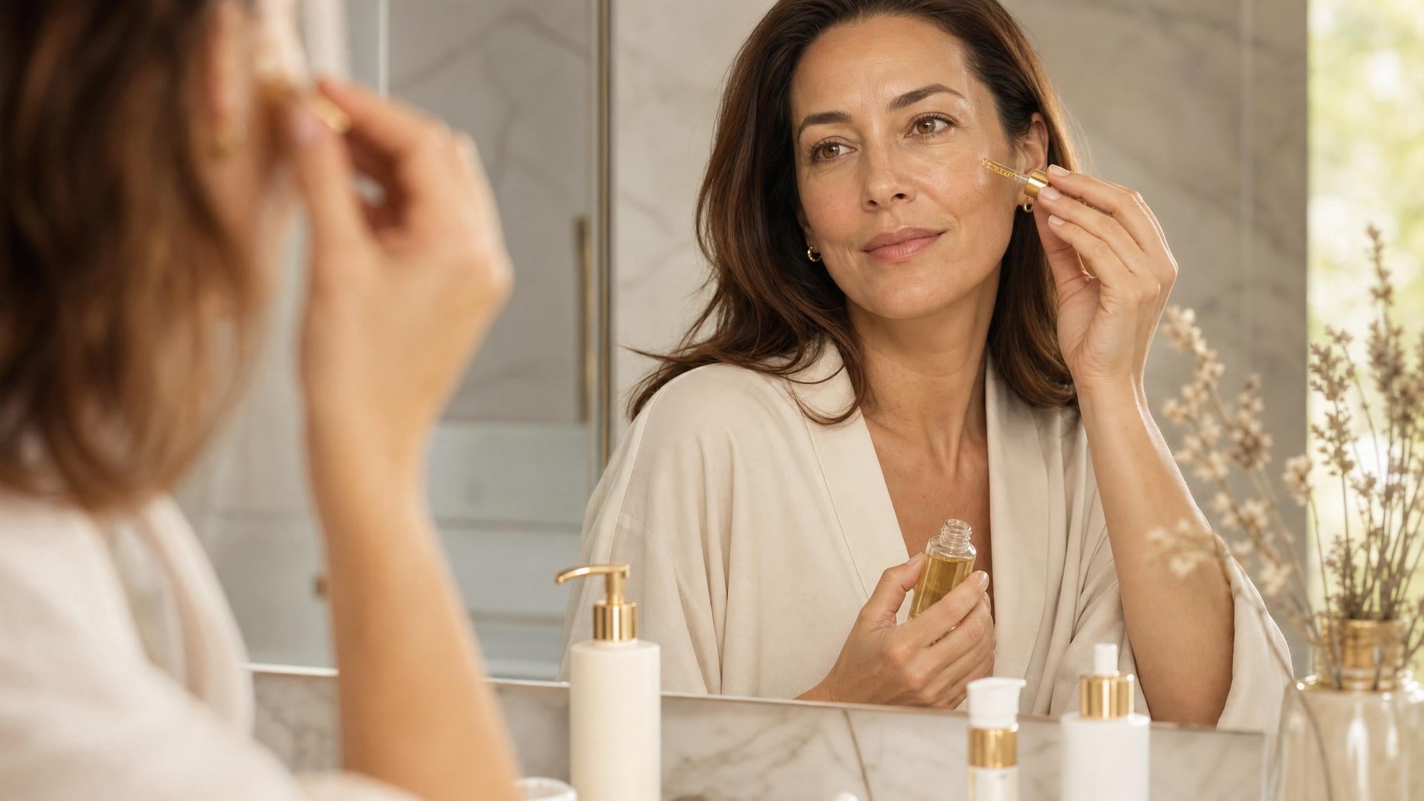 European woman applying serum for uneven tone and hyperpigmentation skincare support